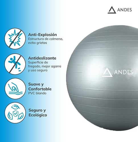Andes. Pelota de Gimnasia, Fitness, Yoga, Pilates, Tamaño 55, 65 y 75 cm, Fitball para Ejercicios y Embarazos, Bola para Sentarse, Balón Muy Resistente, Hinchador Inlcuido. (75 CM)