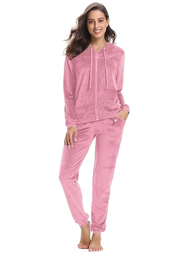 Aottori Conjunto Chándal para Mujer Terciopelo Conjuntos Deportivos Sudadera Chaqueta Manga Larga con Cremallera Capucha y Pantalones Mujer Pijama Casual de 2 Piezas Rosa M