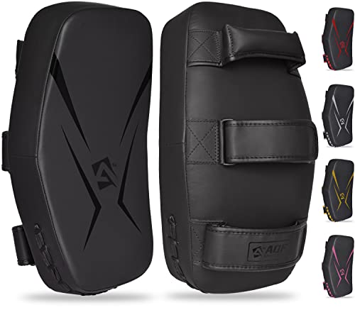 AQF Thai Pads para Kickboxing Muay Thai Mango Sólido, Escudo de Golpe Curvo de Cuero Maya para Boxeo MMA Artes Marciales Taekwondo, Entrenamiento Deportes Combate Codos Patadas Golpes (Single, Negro)