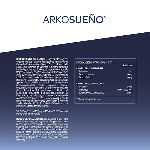 Arkopharma Arkosueño Forte 8h de Sueño 30 Comprimidos, Liberación de Melatonina 1,9mg en 2 fases, Despertares nocturnos, Dormir Rápidamente, Complemento Alimenticio, 30 Unidad (Paquete de 1)