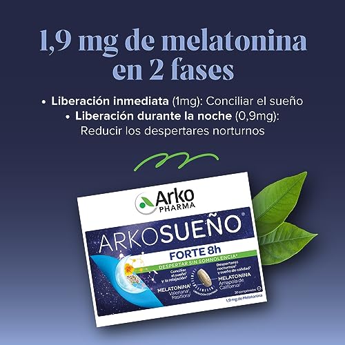Arkopharma Arkosueño Forte 8h de Sueño 30 Comprimidos, Liberación de Melatonina 1,9mg en 2 fases, Despertares nocturnos, Dormir Rápidamente, Complemento Alimenticio, 30 Unidad (Paquete de 1)