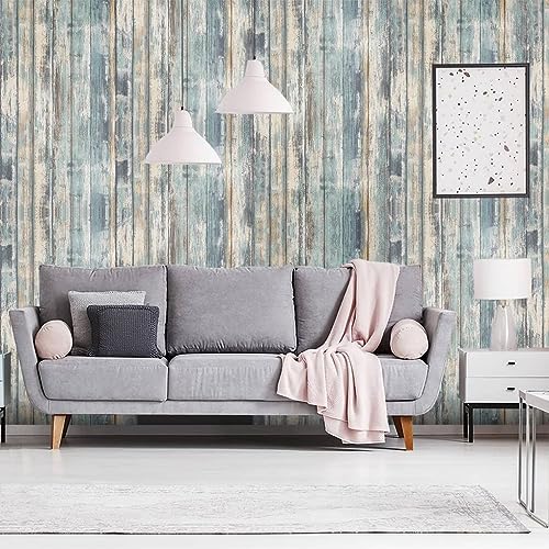 Arthome vinilo adhesivo muebles Madera Rústica, 44cmx3m Azul Papel Pintado Autoadhesivo, Contacto Papel Adhesivo Decorativo para Encimeras, Armarios, Removible Pared Vintage con Tablones Madera