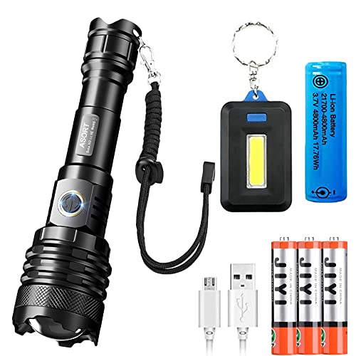 ASORT linternas led alta potencia recargable, linterna tactica 30000 lúmenes, XHP160 LED IPX67 resistente al agua Enfoque ajustable 5 Modos, para camping senderismo y emergencias (batería 21700)