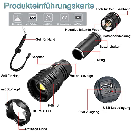ASORT linternas led alta potencia recargable, linterna tactica 30000 lúmenes, XHP160 LED IPX67 resistente al agua Enfoque ajustable 5 Modos, para camping senderismo y emergencias (batería 21700)