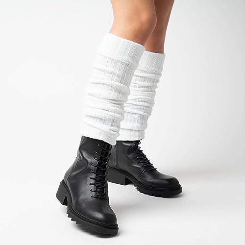 Ateena Calentadores Largas de Punto de Lana Para Mujeres y Niñas, Puños de Tobillo, Calcetines Altos Hasta la Rodilla sin Pies, Circunferencia Máx de Pantorrillas 40cm, de largo 60cm, Blanco