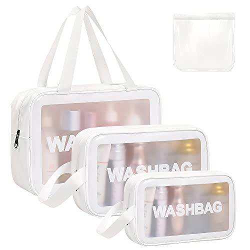 Aucuu 4 PCS Bolsas Neceser Transparente, Neceser de Aseo Transparente, Bolsa de Cosméticos Impermeable con Cremallera, Bolsas de Aseo Transparente para Baño,Viaje,Vuelo-Blanco