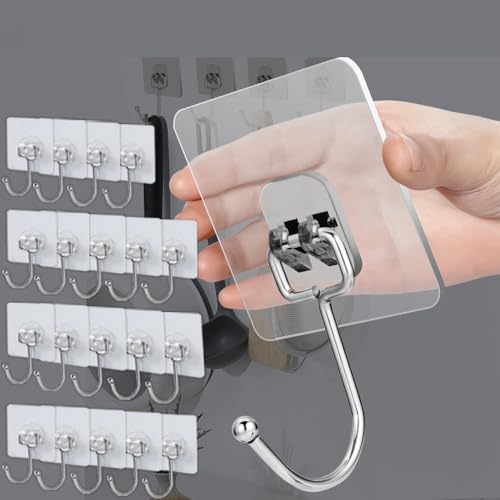 BAIEUEJO 20 Piezas Ganchos Adhesivos Transparente, Gancho Adhesivo Sin perforación,Ganchos de Pared inoxidable,Gancho Autoadhesivo Impermeabl para baños/cocinas/techos (carga máxima de 20 kg)