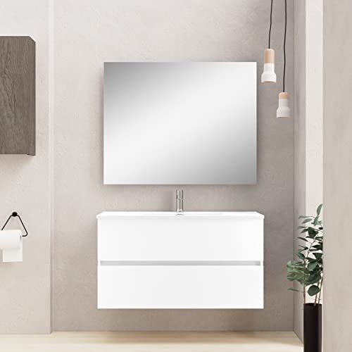 Baikal Mueble de Baño Dos cajones, suspendido a la Pared con Lavabo. Melamina 16. Mueble montado. Mueble de 100cm Blanco con Espejo Luna Lisa