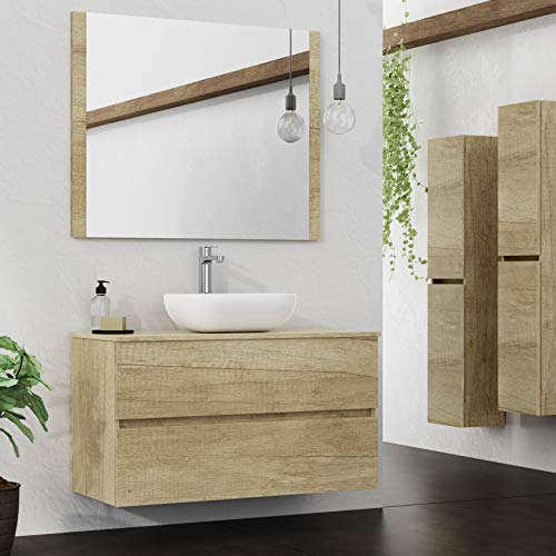 Baikal Mueble de Baño Onyx, 2 cajones, suspendido en Pared, con Lavabo cerámico. Mueble Montado, Melamina 16,Mueble F46 + Top + Lavabo + Espejo 100 cm Nature