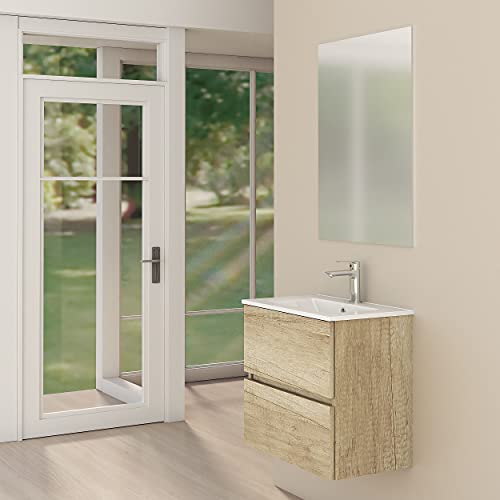 Baikal Mueble de Baño Onyx. Suspendido en Pared, con Lavabo cerámico. Varios Acabados y Medidas. Mueble Montado. 2 CAJONES 50 Nature