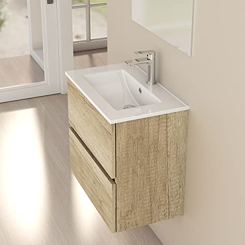 Baikal Mueble de Baño Onyx. Suspendido en Pared, con Lavabo cerámico. Varios Acabados y Medidas. Mueble Montado. 2 CAJONES 50 Nature