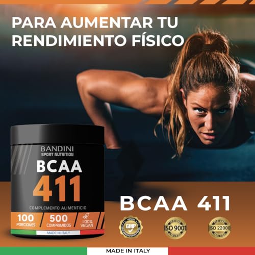Bandini® BCAA 4.1.1 500 comprimidos, Aminoácidos ramificados bcaa 4.1.1, L-Leucina, L-Isoleucina, L-Valina con Vitamina B1 y B6, Vegano, Complemento Alimenticio Pre y Post Entrenamiento