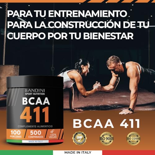 Bandini® BCAA 4.1.1 500 comprimidos, Aminoácidos ramificados bcaa 4.1.1, L-Leucina, L-Isoleucina, L-Valina con Vitamina B1 y B6, Vegano, Complemento Alimenticio Pre y Post Entrenamiento