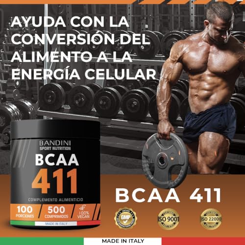 Bandini® BCAA 4.1.1 500 comprimidos, Aminoácidos ramificados bcaa 4.1.1, L-Leucina, L-Isoleucina, L-Valina con Vitamina B1 y B6, Vegano, Complemento Alimenticio Pre y Post Entrenamiento