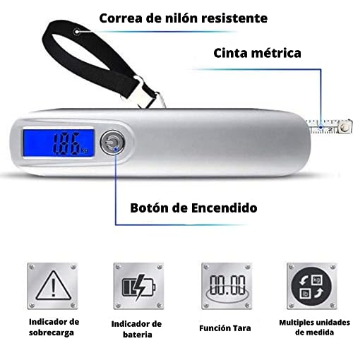 Bascula Maletas Viaje + Cinta Metrica - Balanza Maletas Viaje Hasta 50 Kg, Controla Las Dimensiones Y Peso Maletas Viaje. Peso para maletas de viaje precisa y con Pantalla LCD. Accesorios de viaje.
