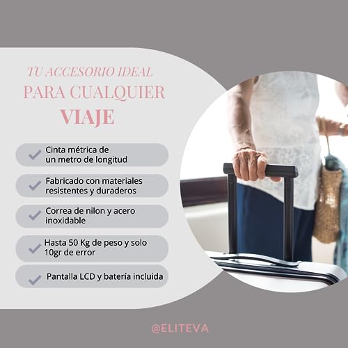 Bascula Maletas Viaje + Cinta Metrica - Balanza Maletas Viaje Hasta 50 Kg, Controla Las Dimensiones Y Peso Maletas Viaje. Peso para maletas de viaje precisa y con Pantalla LCD. Accesorios de viaje.