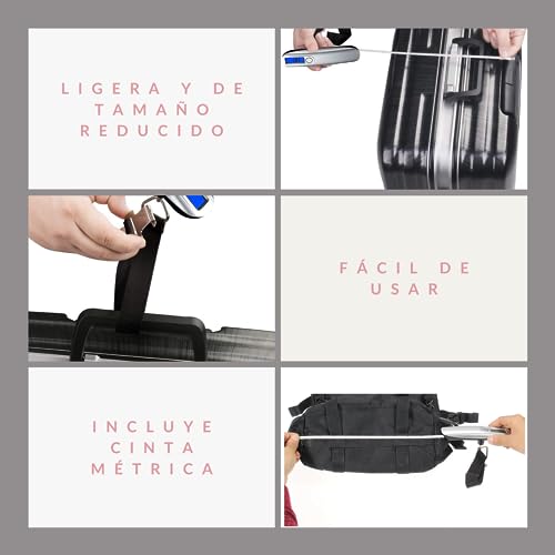 Bascula Maletas Viaje + Cinta Metrica - Balanza Maletas Viaje Hasta 50 Kg, Controla Las Dimensiones Y Peso Maletas Viaje. Peso para maletas de viaje precisa y con Pantalla LCD. Accesorios de viaje.