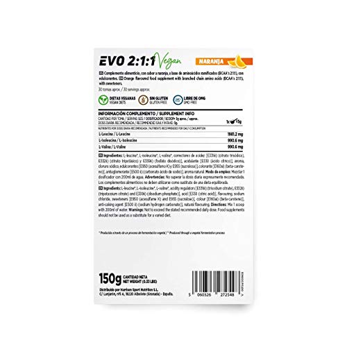 BCAA en Polvo de HSN Evo 2:1:1 | Sabor Naranja 500 g = 100 Tomas por Envase de Aminoácidos Ramificados Veganos: Leucina + Valina + Isoleucina | No-GMO, Sin Gluten