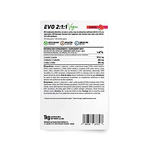 BCAA en Polvo de HSN Evo 2:1:1 | Sabor Sandía 1000 g = 200 Tomas por Envase de Aminoácidos Ramificados Veganos: Leucina + Valina + Isoleucina | No-GMO, Sin Gluten