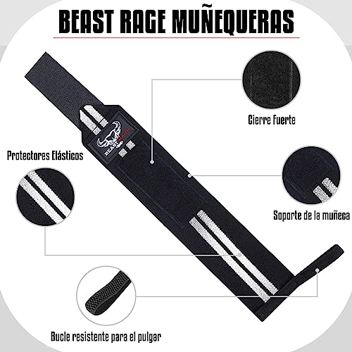 BEAST RAGE Envolturas de muñeca para Levantamiento de Pesas, Muscular, Rendimiento de Entrenamiento, Gimnasio, Correas para el Pulgar, Soporte de Vendaje de algodón elástico, puño (Blanco)