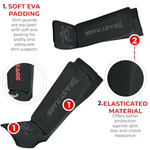BEAST RAGE Espinilleras para Muay Thai, Kickboxing, MMA, Taekwondo, boxeo, artes marciales, calcetines elásticos acolchados para piernas, espinilleras, entrenamiento de sparring, karate BJJ (M, negro)