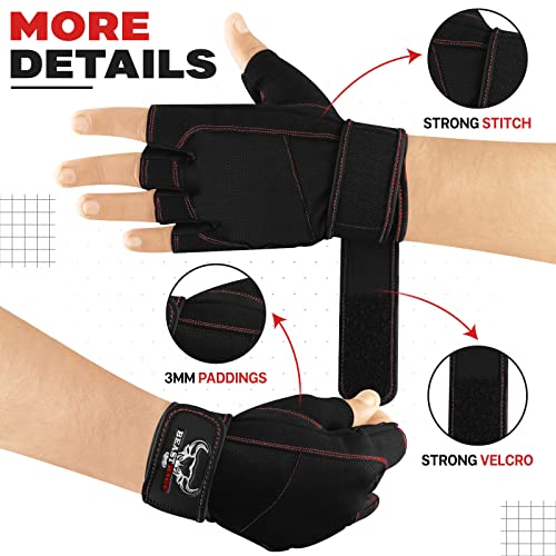 Beast Rage Guantes de Gimnasio para Levantamiento de Pesas, Antideslizantes, Acolchados, elásticos,para Crossfit, Entrenamiento, Ciclismo,jercicio, Guantes de Medio Dedo para Hombres y Mujeres