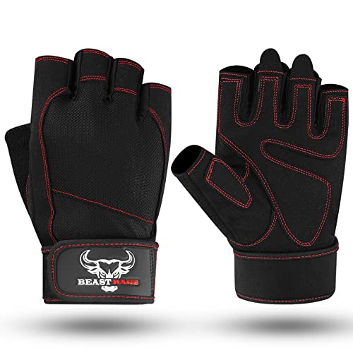 Beast Rage Guantes de Gimnasio para Levantamiento de Pesas, Antideslizantes, Acolchados, elásticos,para Crossfit, Entrenamiento, Ciclismo,jercicio, Guantes de Medio Dedo para Hombres y Mujeres
