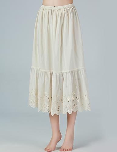 BEAUTELICATE Enaguas de Algodón con Bordado Cortas Antiestática Larga Combinación para Vestidos Antideslizante Plain Falda Marfil Nergo Beige(Encaje Inglés-Beige-80cm,2XL)