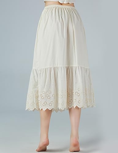 BEAUTELICATE Enaguas de Algodón con Bordado Cortas Antiestática Larga Combinación para Vestidos Antideslizante Plain Falda Marfil Nergo Beige(Encaje Inglés-Beige-80cm,2XL)