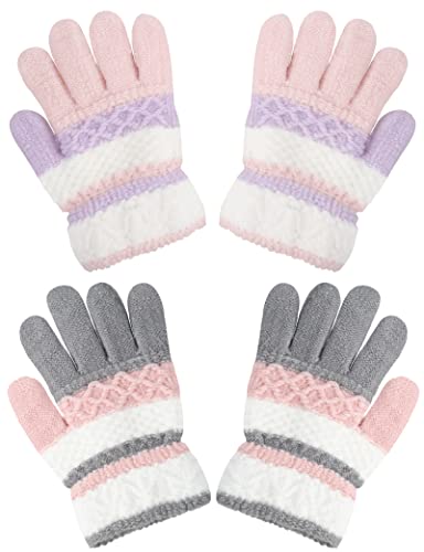 Becellen 2 Pares Guantes Invierno Niños, Guantes Termicos de Dedo Completo de Punto Guantes Elásticas Rayas Mágicos para Niñas de 4 a 10 Años