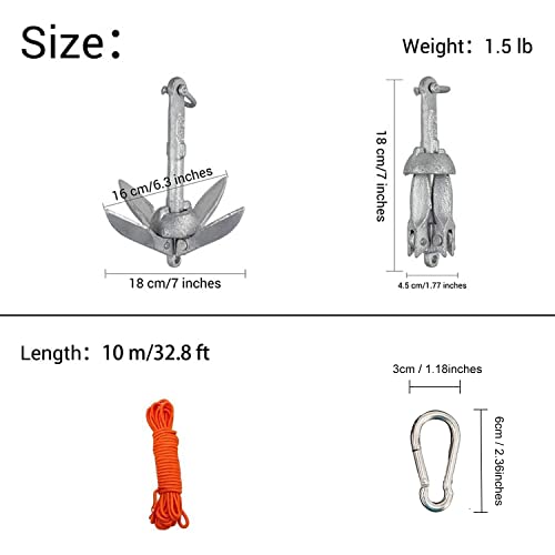 BeGrit Kit de Anclaje de Barco Pequeño, Plegable, Acero al Carbono, para Canoa Jet, esquí, Sup y Tabla de Paddle,0,7 kg con Bolsa de Transporte de Cuerda de Remolque DE 10 m
