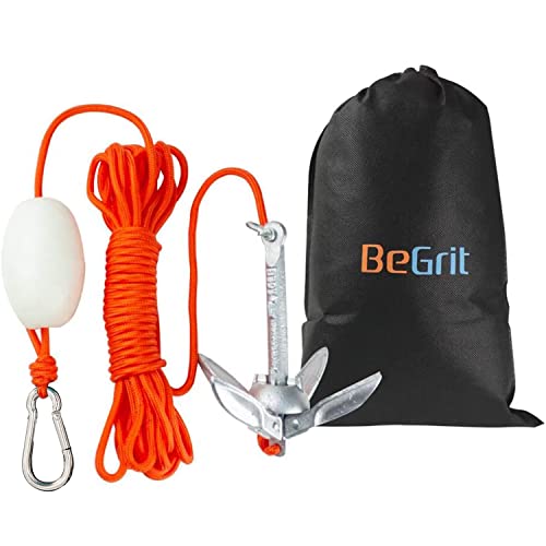 BeGrit Kit de Anclaje de Barco Pequeño, Plegable, Acero al Carbono, para Canoa Jet, esquí, Sup y Tabla de Paddle,0,7 kg con Bolsa de Transporte de Cuerda de Remolque DE 10 m