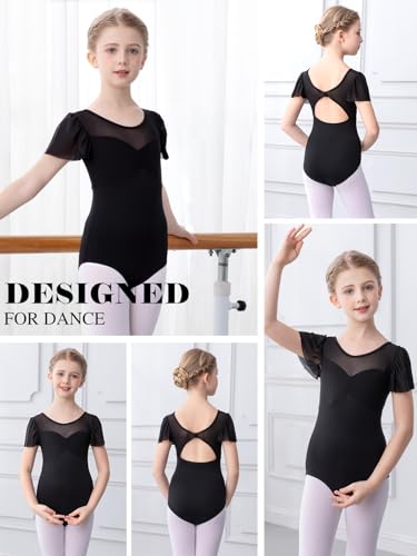 Bezioner Maillot Gimnasia Ritmica Niña, Maillot Ballet Niña leotardos de Danza manga de soplo para Niños de 2 a 10 Años Negro 120