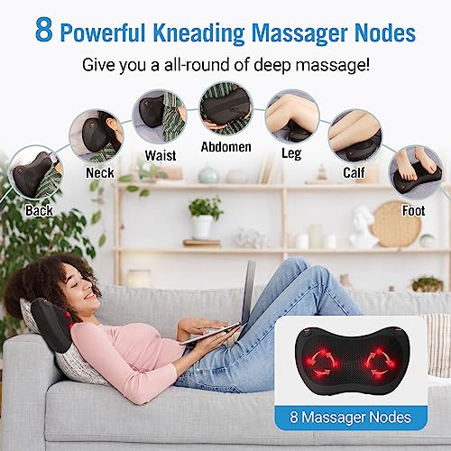 BIBIRE Shiatsu Masajeador eléctrico con función de calor, cojín de masaje para cuello, hombros y espalda con 8 cabezales de masaje, masajeador de espalda para alivio muscular de todo el cuerpo