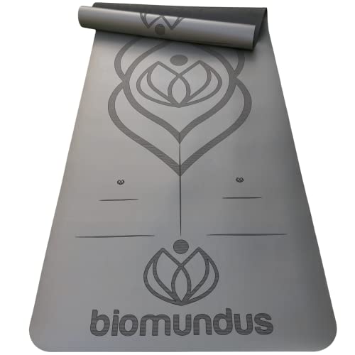 biomundus Esterilla Yoga Mat Antideslizante para Deporte en Casa Colchoneta Gimnasia Material Ecologico Línea de Posición Correa y Bolsa de Fitness Caucho + PU 4mm