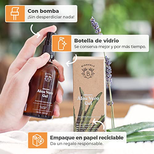 Bionoble Gel de Aloe Vera Orgánico 100ml - Hecho con Pulpa Fresca de Aloe 100% Puro y Lavanda - Sin Xantano - Rostro, Contorno de Ojos, Cuerpo, Cabello - Botella de vidrio + Bomba