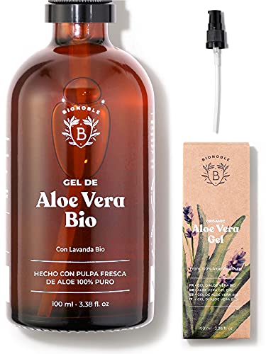 Bionoble Gel de Aloe Vera Orgánico 100ml - Hecho con Pulpa Fresca de Aloe 100% Puro y Lavanda - Sin Xantano - Rostro, Contorno de Ojos, Cuerpo, Cabello - Botella de vidrio + Bomba