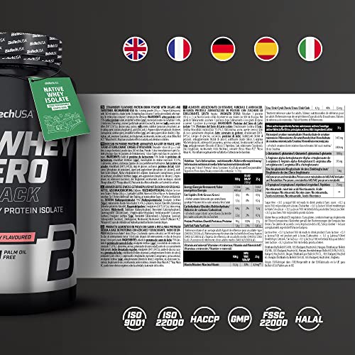BioTechUSA Iso Whey Zero Black - Proteína Premium con Creatina, Zinc, Vitamina B3 y Aminoácidos | 90% Proteína | Sin Azúcar, Sin Lactosa, Sin Gluten, 908 g, Fresa
