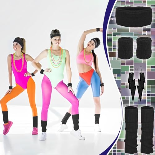 BIQIQI Disfraz Años 80 Mujer Camiseta Rejilla Calentadores de Pierna Diadema Muñequeras Pendientes Collar y Gafas de Sol para Disfraces 80s Fiesta Canaval Navidad Halloween Negro