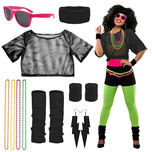 BIQIQI Disfraz Años 80 Mujer Camiseta Rejilla Calentadores de Pierna Diadema Muñequeras Pendientes Collar y Gafas de Sol para Disfraces 80s Fiesta Canaval Navidad Halloween Negro