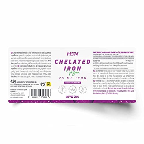 Bisglicinato de Hierro – Hierro 50 MG = 2 Cápsulas - de HSN | 120 Cápsulas Vegetales con Hierro de ALTA Biodisponibilidad y Absorción por Dosis Diaria | Suministro 2 Meses | No-GMO, Vegano, Sin Gluten