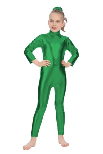 Bodies de Danza Brillante para Ballet, Mono de Manga Larga con Cremallera, Leotardo Body Nude para Gimnasia Deportiva Rítmica, Jumpsuit Niña Elástico Bailarina Yoga 1-12 años (4-6 años, Verde)