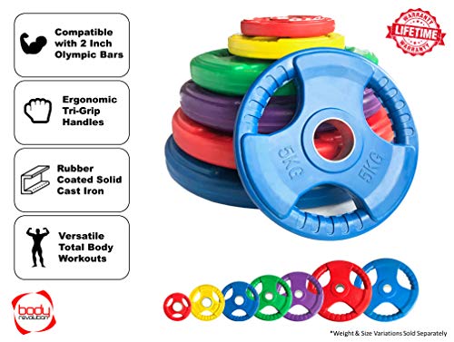 Body Revolution pesas en forma de aros olímpicos con tres agarres de goma, discos de hierro fundido para barras de 50 mm, de 1,25 a 25 kg