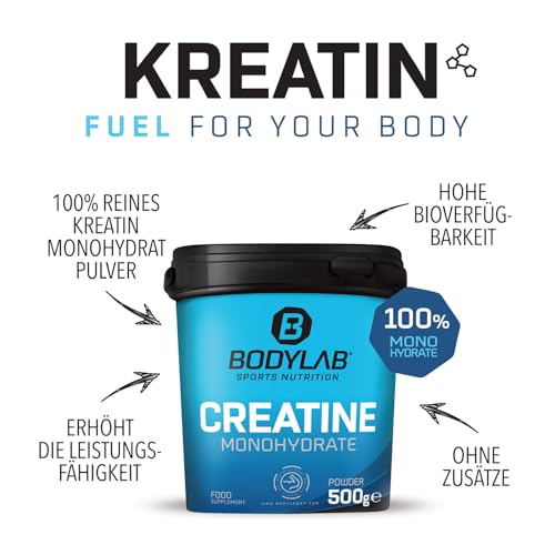 Bodylab24 Creatina en Polvo 500g, creatina pura monohidrato en polvo, altas dosis de creatina para más energía y fuerza