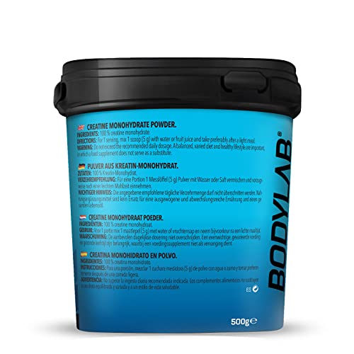 Bodylab24 Creatina en Polvo 500g, creatina pura monohidrato en polvo, altas dosis de creatina para más energía y fuerza