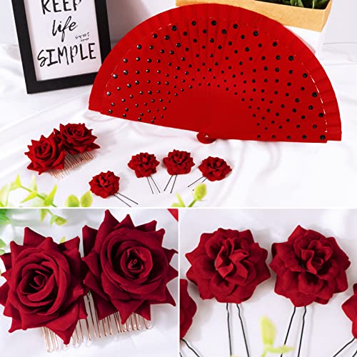 BOFUNX Abanico Español+Peineta Flamenca+4pcs Clips de Pelo de Flor Horquillas con Rosas Tocado Pinza para Cabello Accesorios para Bailarina de Flamenco Novia Mujer Niña para Fiestas Sevillana Boda