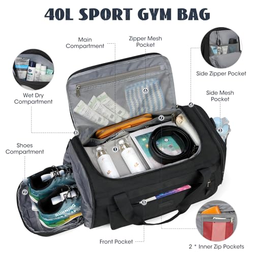 Bolsa de Deporte Bolsa Gimnasio para Hombre Mujer Bolsa de Viaje con Zapatos y Compartimentos Húmedos Fin de Semana Travel Duffle Bag Bolsos Deportivos Fitness 40L