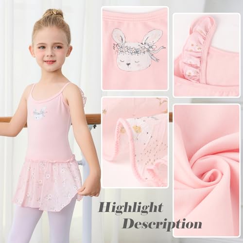 boruizhen Maillot Ballet Niña Vestido de Danza Algodón Gimnasia Leotardo Sin Mangas Ropa de Baile con Falda Estampada para Niñas 3-4 Años Rosa