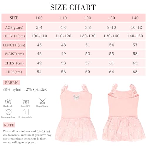 boruizhen Maillot Ballet Niña Vestido de Danza Algodón Gimnasia Leotardo Sin Mangas Ropa de Baile con Falda Estampada para Niñas 3-4 Años Rosa
