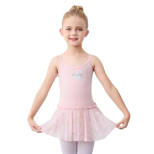 boruizhen Maillot Ballet Niña Vestido de Danza Algodón Gimnasia Leotardo Sin Mangas Ropa de Baile con Falda Estampada para Niñas 3-4 Años Rosa